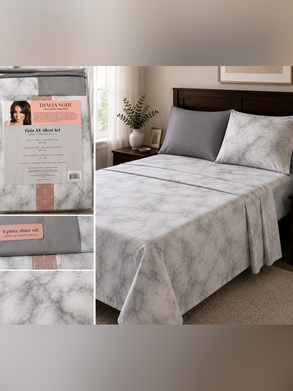 Thalia Sodi Marble-Print Sheet Set in Gray
